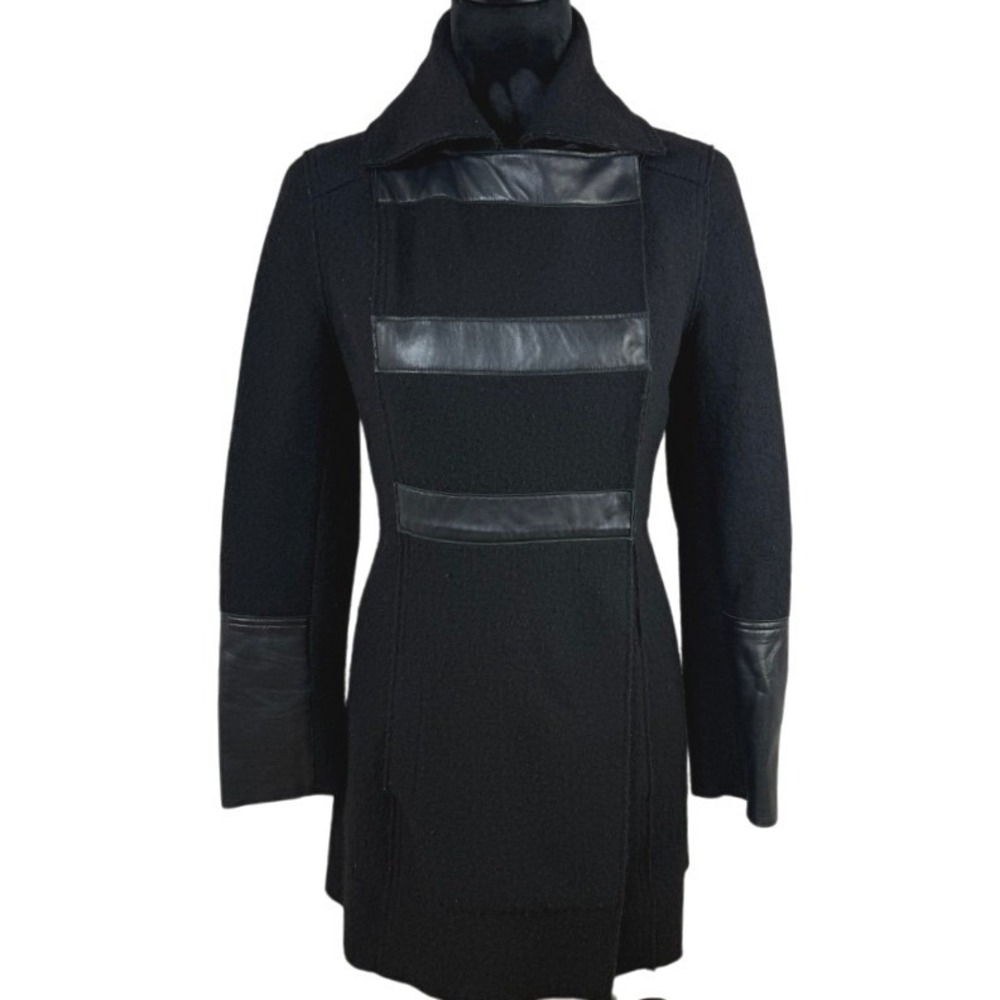 Elaine Kim Pure Wool Coat with Leather Accents Size 4 Black